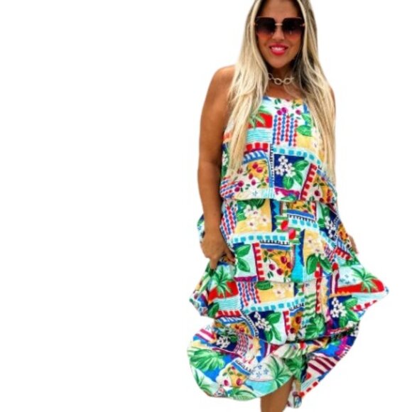 Blakley Womens Summer in Barcelona Ruffle Tiered Maxi Dress Tropical Floral 1X - Picture 1 of 7
